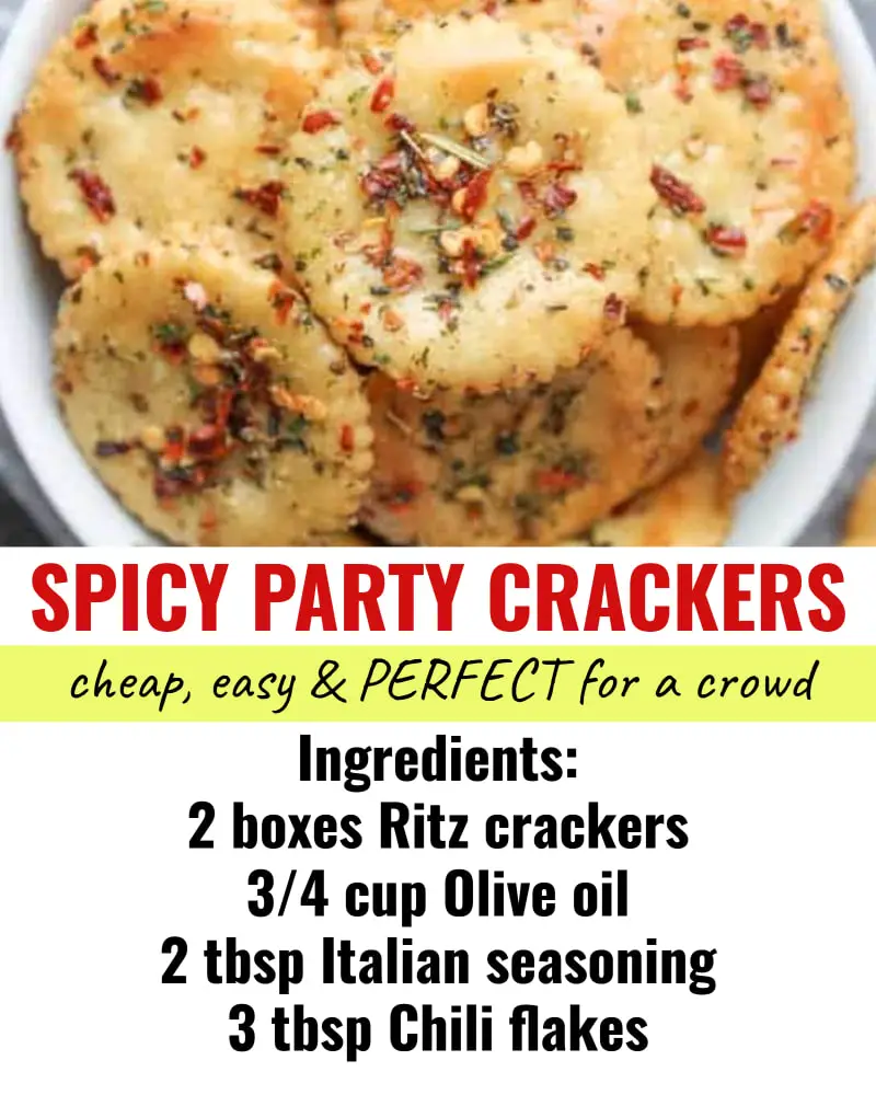 Cheap and EASY party food for a crowd or large group - this spicy snack cracker recipe is an easy inexpensive snack for large groups when hosting on a budget - simple potluck food too.