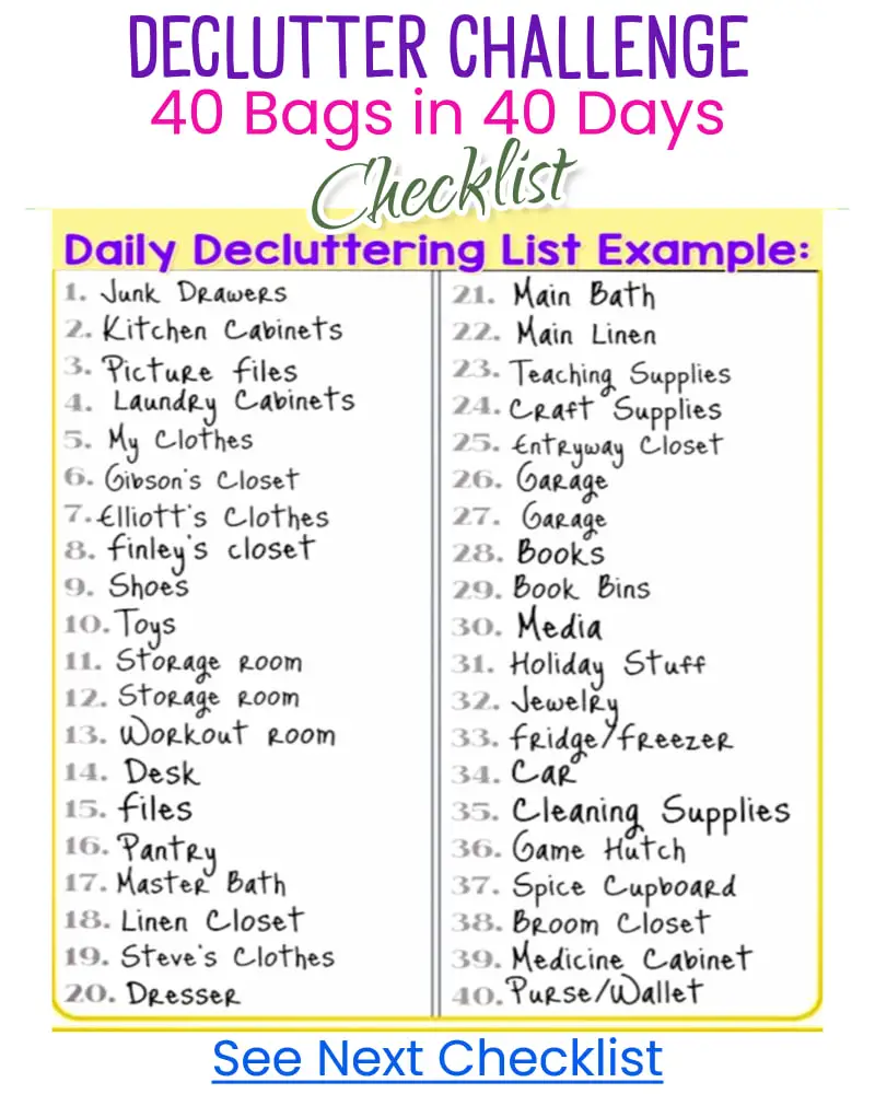 Declutter Challenge Checklist - 40 Bags in 40 Days House Decluttering Plan and Task list