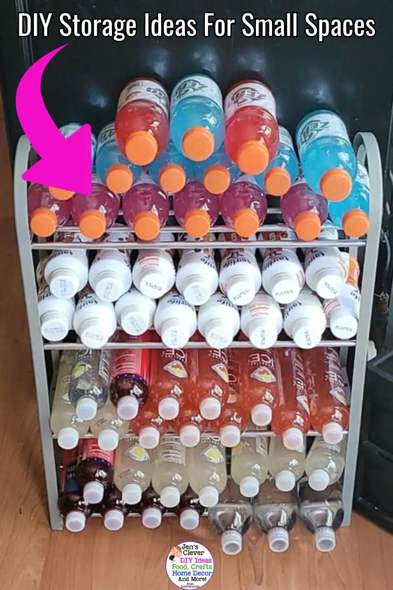 DIY Storage Ideas for Small Spaces -  apartment kitchen wall water bottle storage solution - so creative to organize a small home, rental or apartment with NO storage space and NO pantry