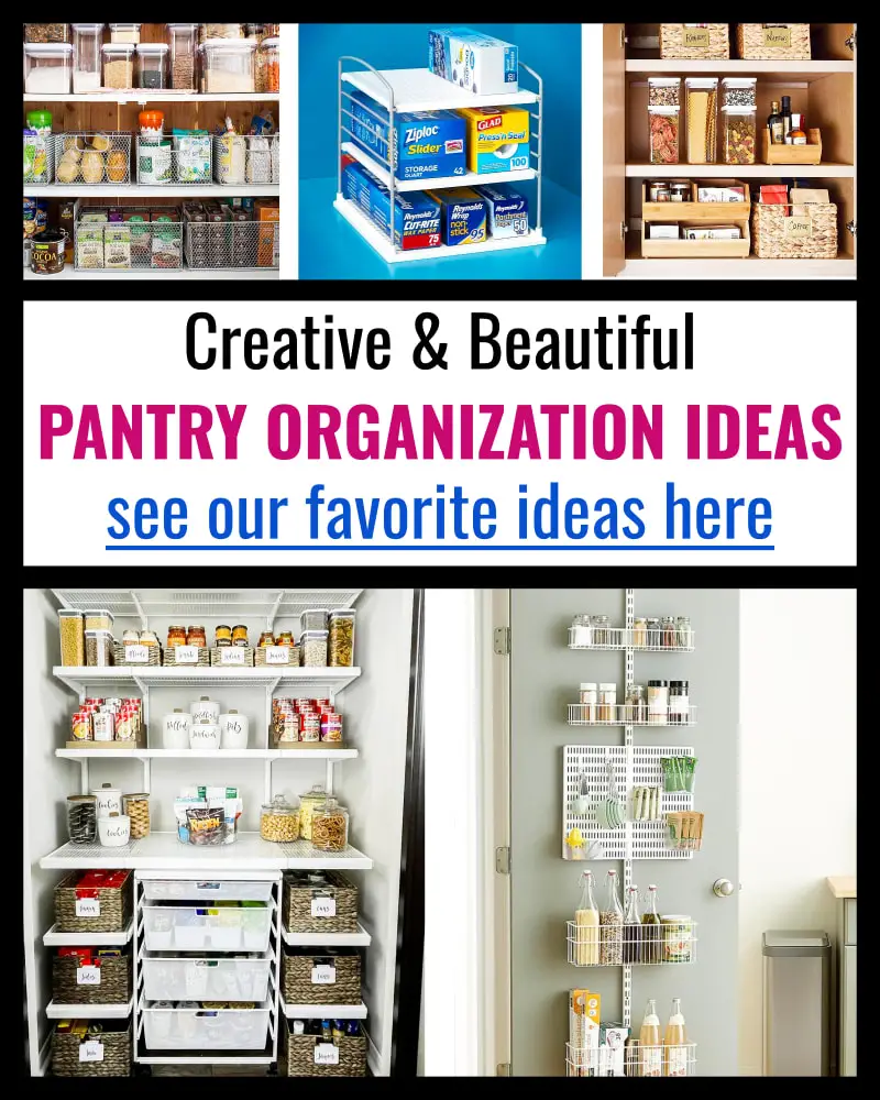 Pantry organization ideas and NO pantry solutions to organize a kitchen without a pantry, with a small pantry or a big walk in pantry - DIY ideas on a budget - here's how to organize a pantry with deep shelves, wire shelves or a food storage cabinet