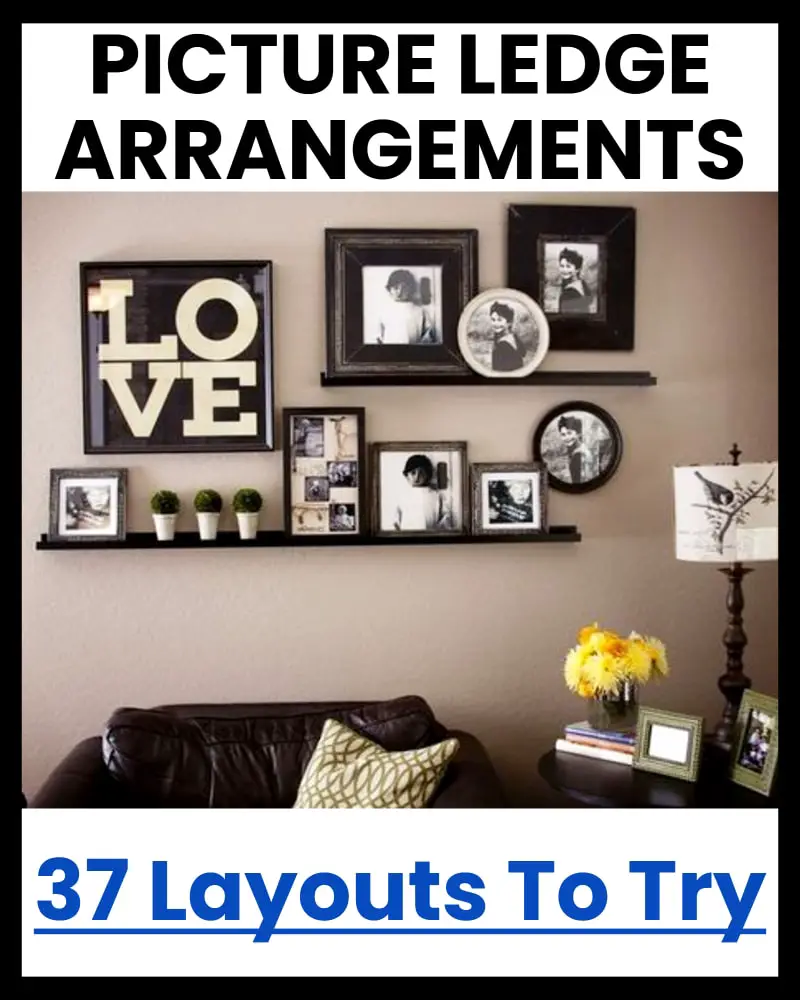 picture ledge layout ideas for family photo wall or gallery wall - can use floating shelf arrangements too