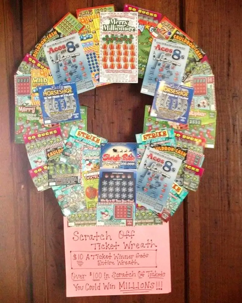 lottery ticket gift wreath we raffled off at Christmas family reunion potluck party