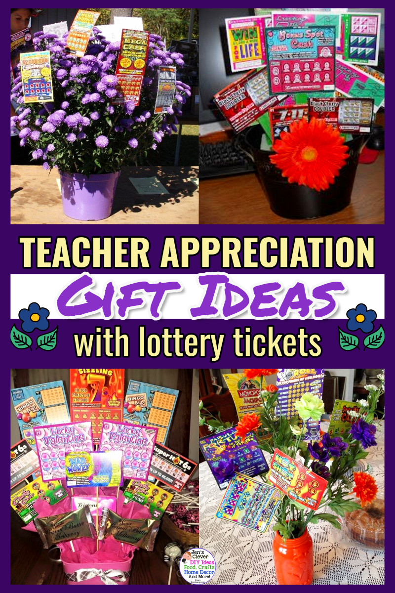 teach appreciation gift ideas to make - DIY lottery ticket gifts with flowers, scratch off tickets and potted plants for a unique teacher gift on a budget.  Loved the painted mason jar flower vase with the cut colored carnations!