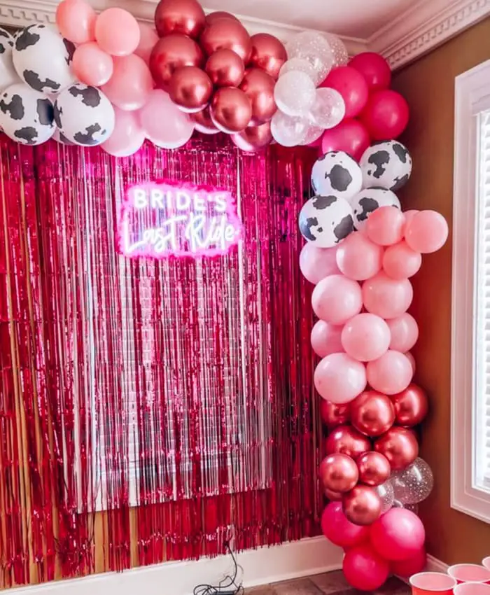 color party theme ideas for adults - pink and black and white cow print party decorating ideas
