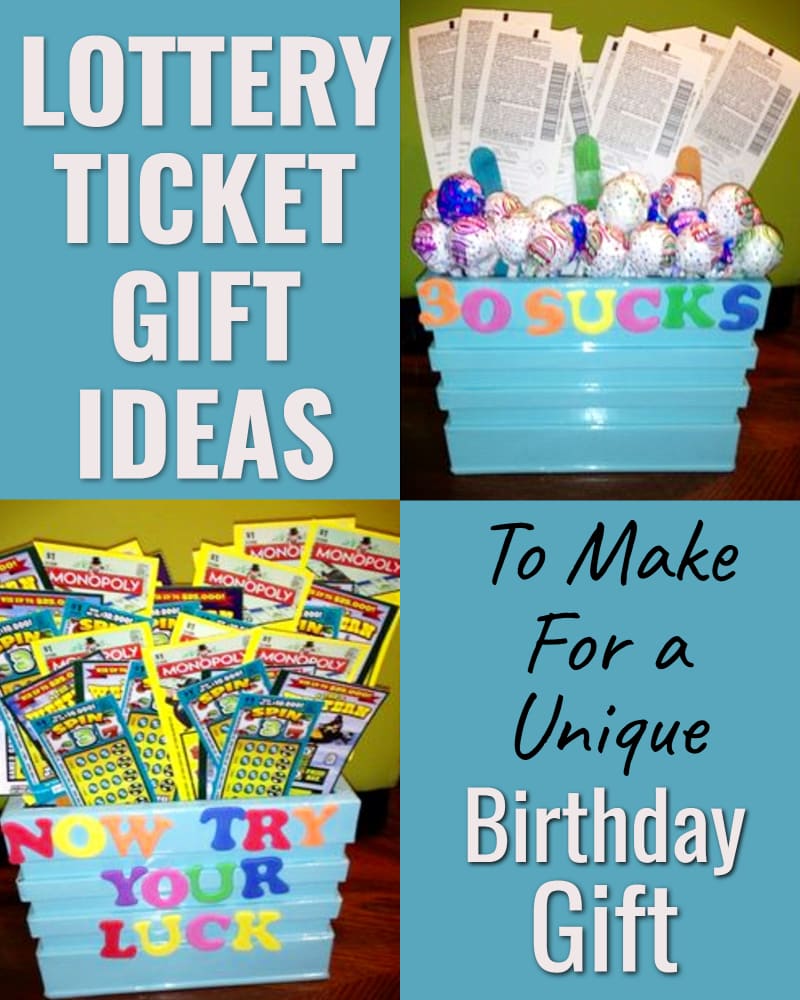 lottery ticket gift basket ideas for 30th 40th 50th 60th 70th birthdays - 30 sucks gift basket with scratch off tickets and blow pop lollipops in plastic Dollar Tree plastic box all made on a budget