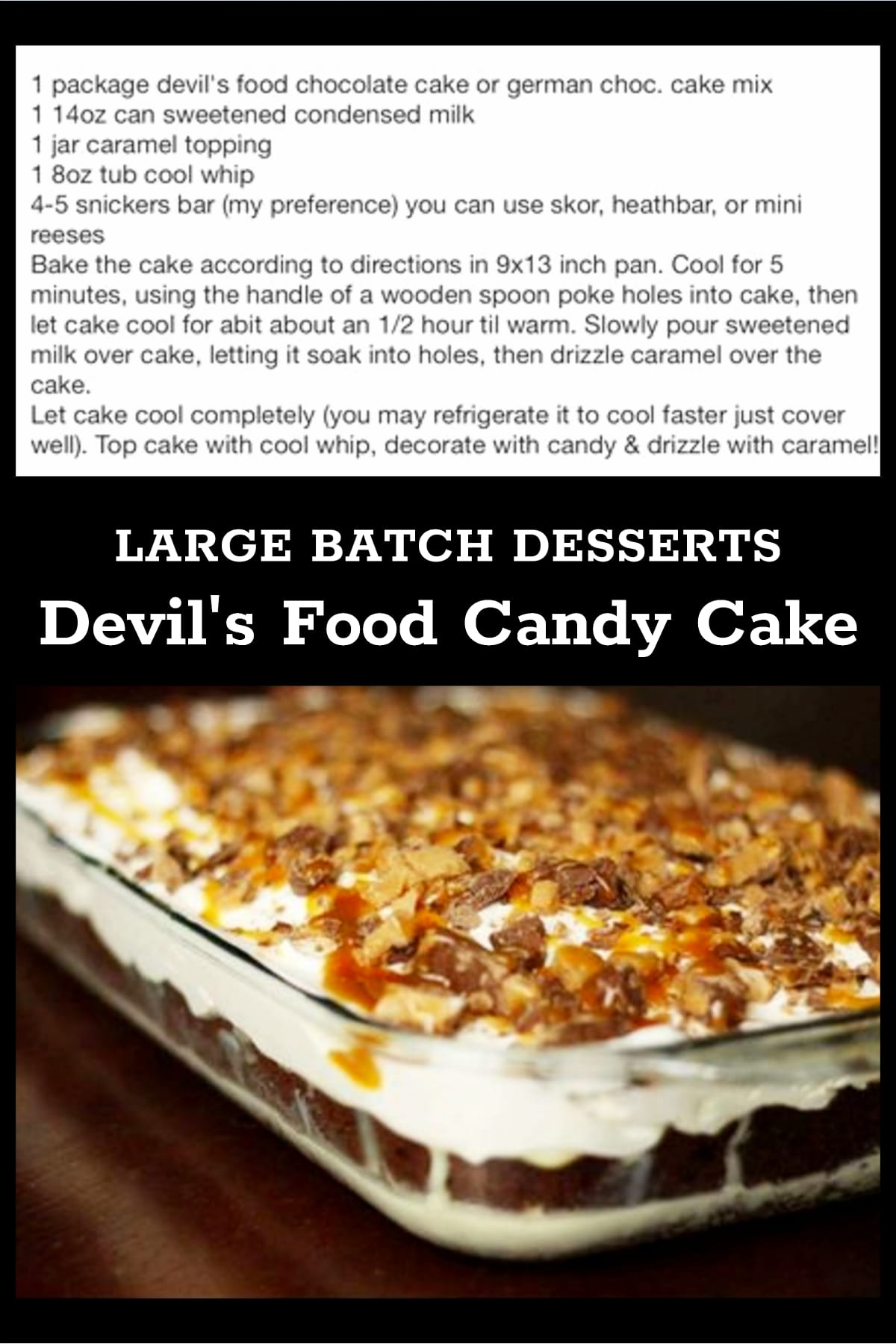 This Devil's Food Chocolate Candy Cake is such an EASY large batch dessert to make for your party or potluck crowd at work, church, Valentine's Day, Easter, Mother's Day - even for a family reunion or block party