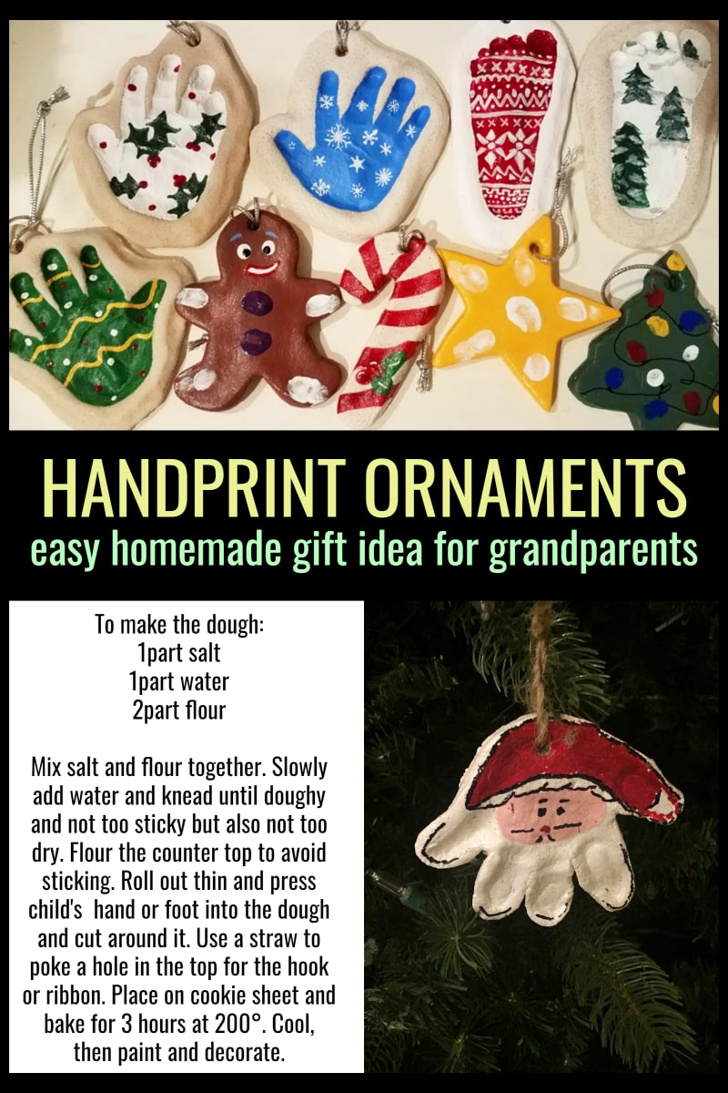 Salt dough handprint footprint ornaments tutorial, instructions and recipe as an easy homemade Christmas gift kids can make for grandparents